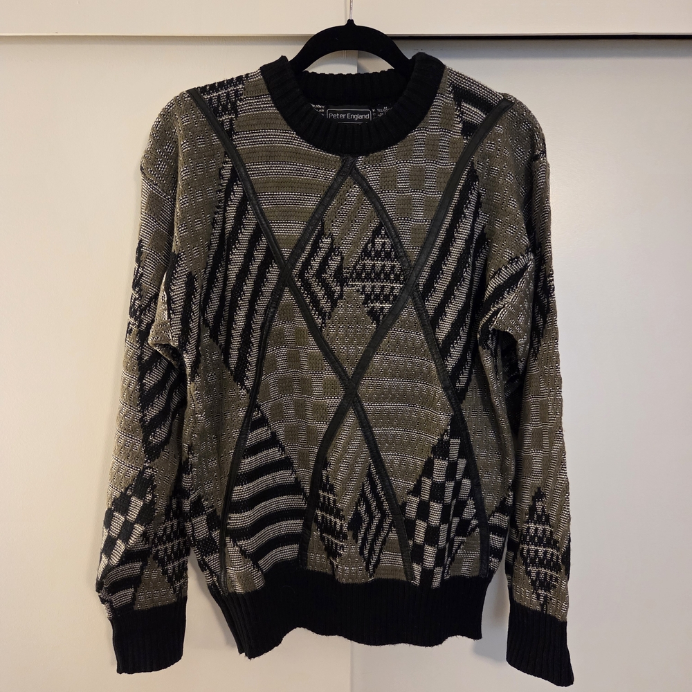 Peter England Sweater - Leather Accents! Black and Olive